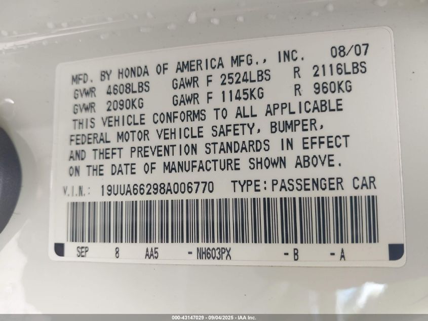 2008 Acura Tl 3.2 VIN: 19UUA66298A006770 Lot: 43147029