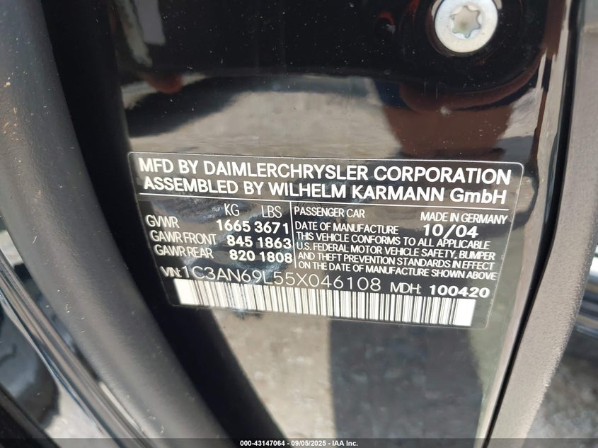 2005 Chrysler Crossfire Limited VIN: 1C3AN69L55X046108 Lot: 43147064