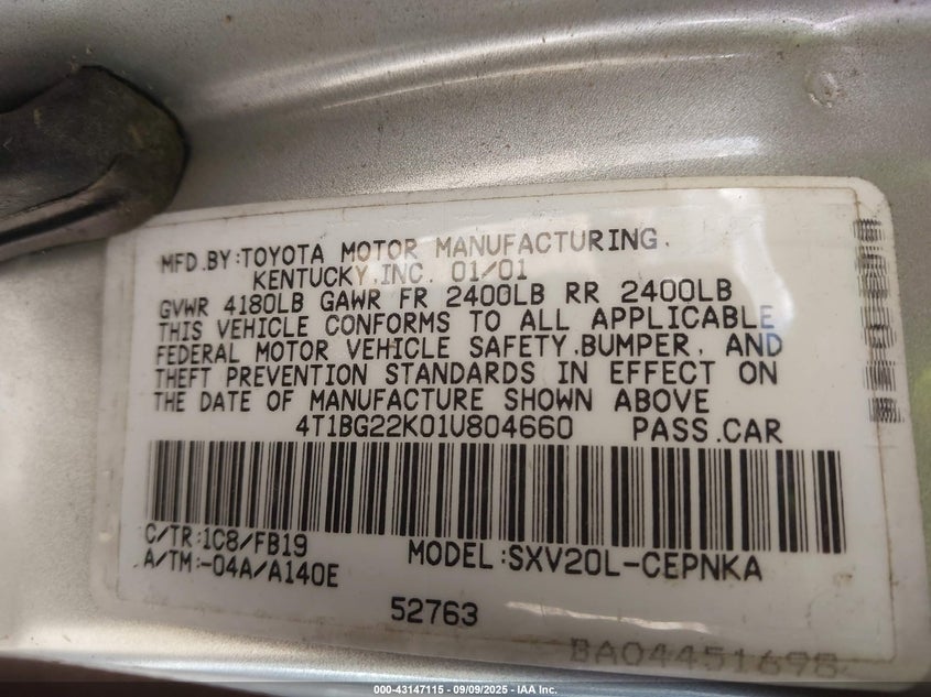 4T1BG22K01U804660 2001 TOYOTA CAMRY photo no. 9