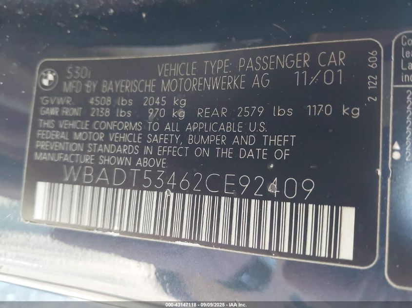 2002 BMW 530I VIN: WBADT53462CE92409 Lot: 43147118