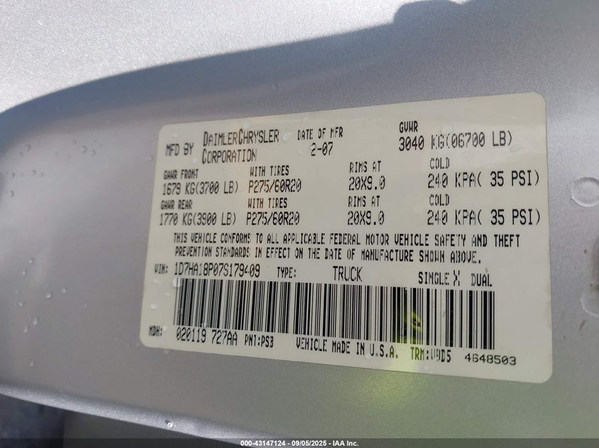 2007 Dodge Ram 1500 Slt VIN: 1D7HA18P07S179409 Lot: 43147124