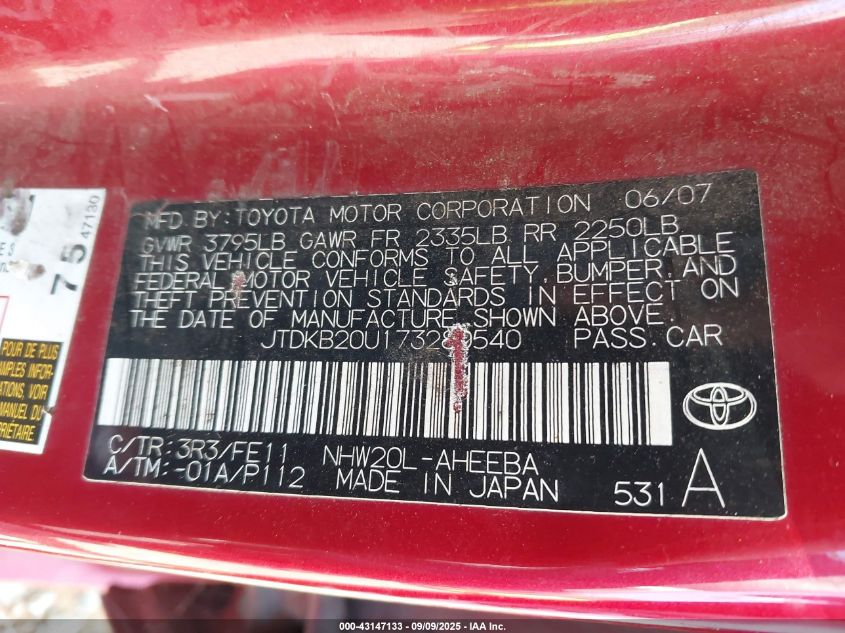 2007 Toyota Prius VIN: JTDKB20U173280540 Lot: 43147133