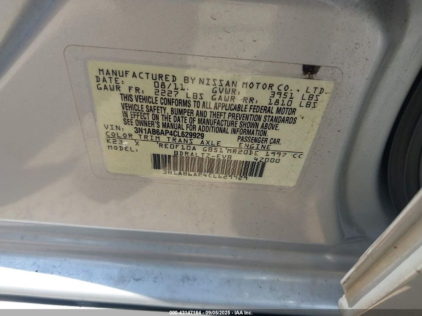 2012 Nissan Sentra 2.0 Sr VIN: 3N1AB6AP4CL629929 Lot: 43147164