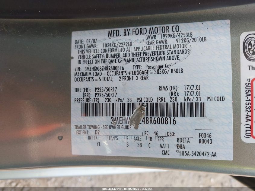 2008 Mercury Milan I4 Premier VIN: 3MEHM08Z48R600816 Lot: 43147219