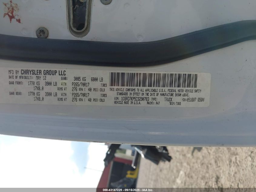 2012 Ram 1500 St VIN: 1C6RD7KP5CS290783 Lot: 43147229