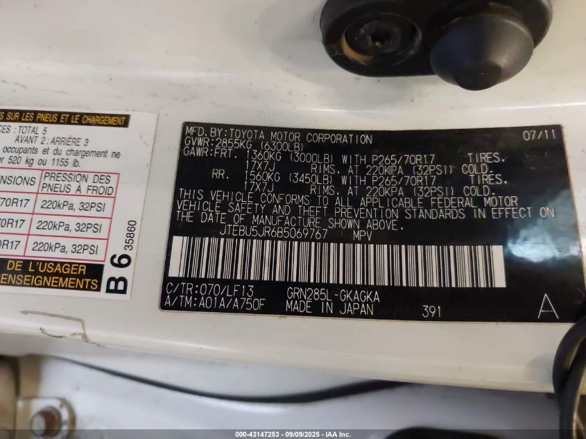 2011 Toyota 4Runner Sr5 V6 VIN: JTEBU5JR6B5069767 Lot: 43147253