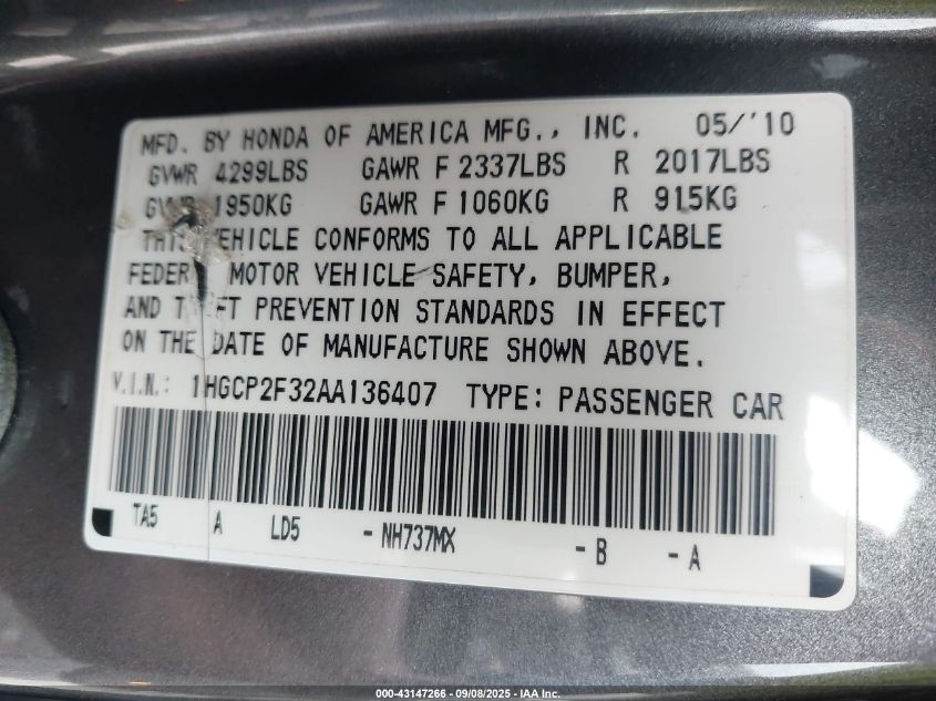 2010 Honda Accord 2.4 Lx VIN: 1HGCP2F32AA136407 Lot: 43147266