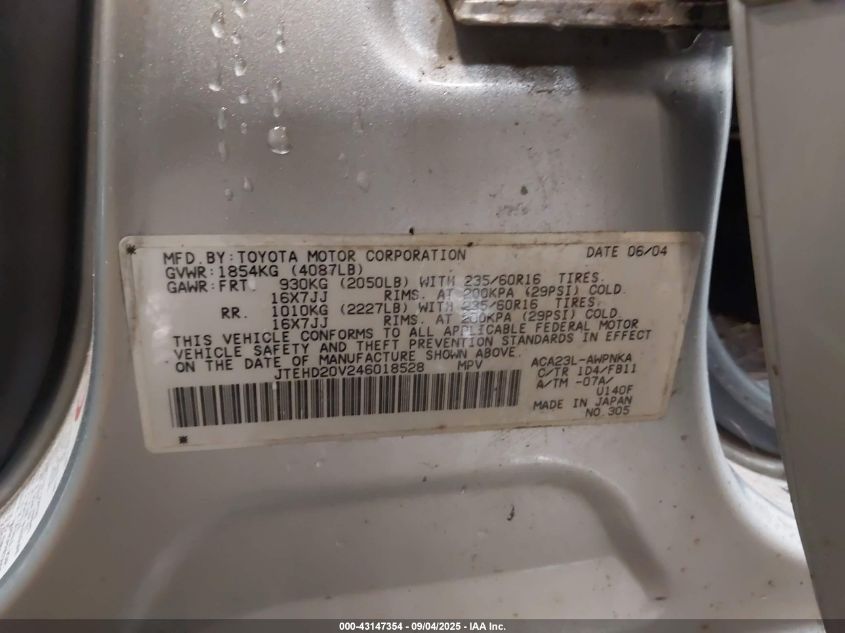 2004 Toyota Rav4 VIN: JTEHD20V246018528 Lot: 43147354