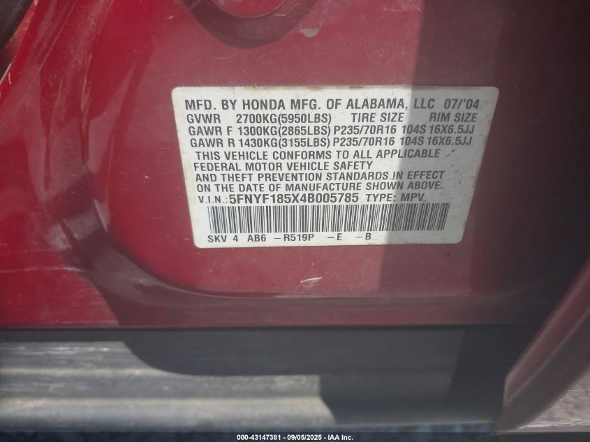 2004 Honda Pilot Ex-L VIN: 5FNYF185X4B005785 Lot: 43147381
