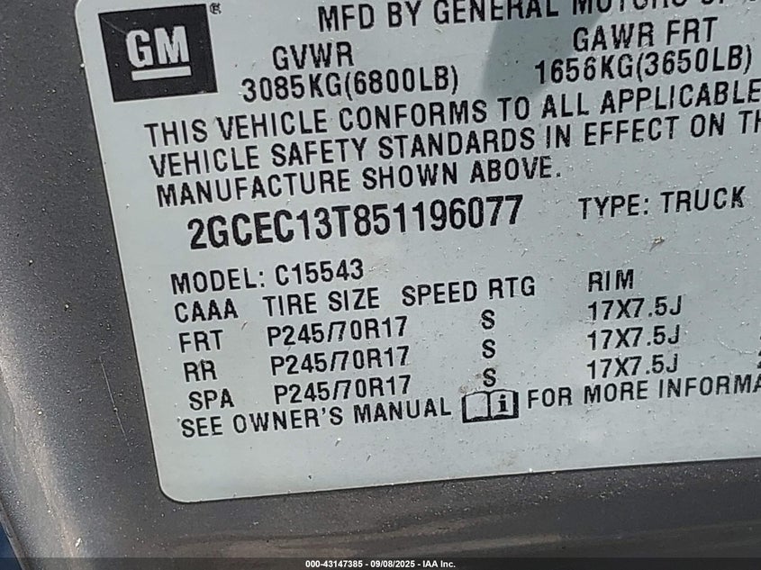 2005 Chevrolet Silverado 1500 Ls VIN: 2GCEC13T851196077 Lot: 43147385