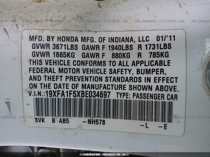 19XFA1F5XBE034697 2011 HONDA CIVIC photo no. 9
