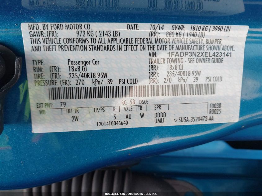 2014 Ford Focus Titanium VIN: 1FADP3N2XEL423141 Lot: 43147436