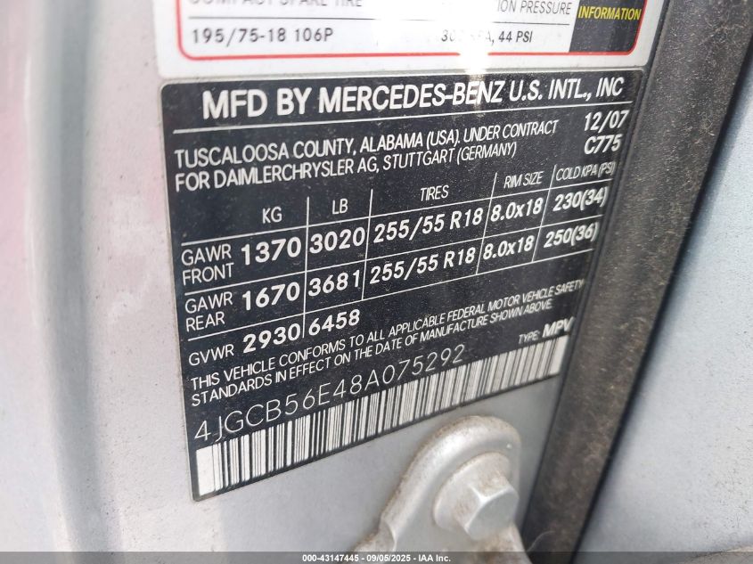 2008 Mercedes-Benz R 350 VIN: 4JGCB56E48A075292 Lot: 43147445