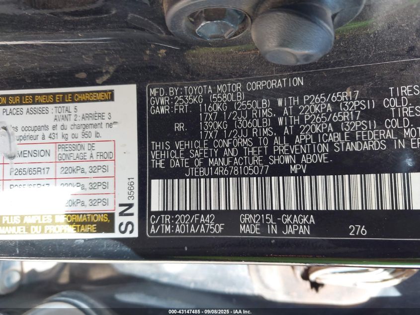 2007 Toyota 4Runner Sr5 V6 VIN: JTEBU14R678105077 Lot: 43147485