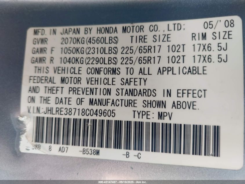 2008 Honda Cr-V Ex-L VIN: JHLRE38718C049605 Lot: 43147487