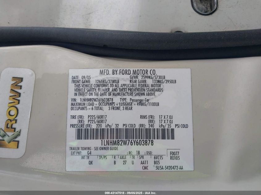 2006 Lincoln Town Car Signature Limited VIN: 1LNHM82W76Y603878 Lot: 43147518