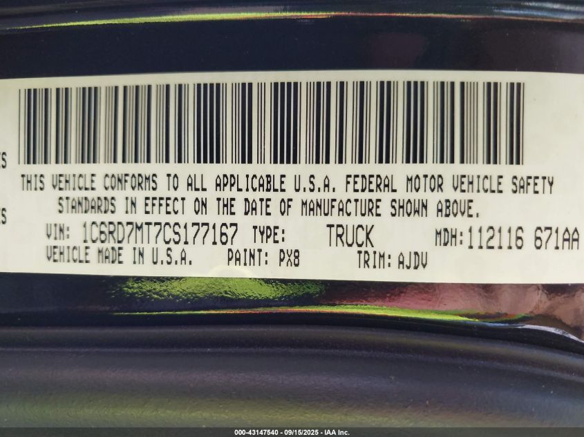 2012 Ram 1500 Sport VIN: 1C6RD7MT7CS177167 Lot: 43147540