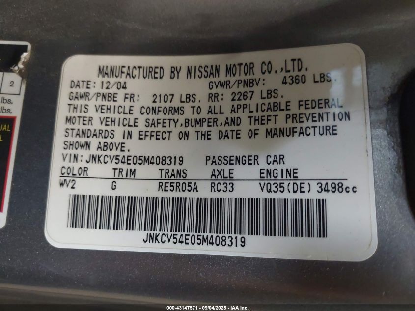 2005 Infiniti G35 VIN: JNKCV54E05M408319 Lot: 43147571