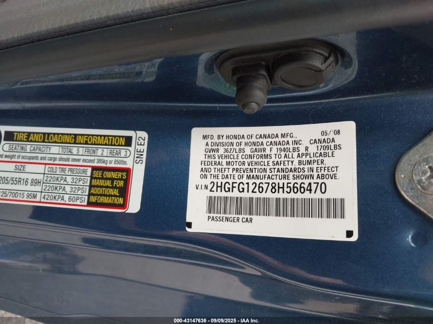 2008 Honda Civic Lx VIN: 2HGFG12678H566470 Lot: 43147636