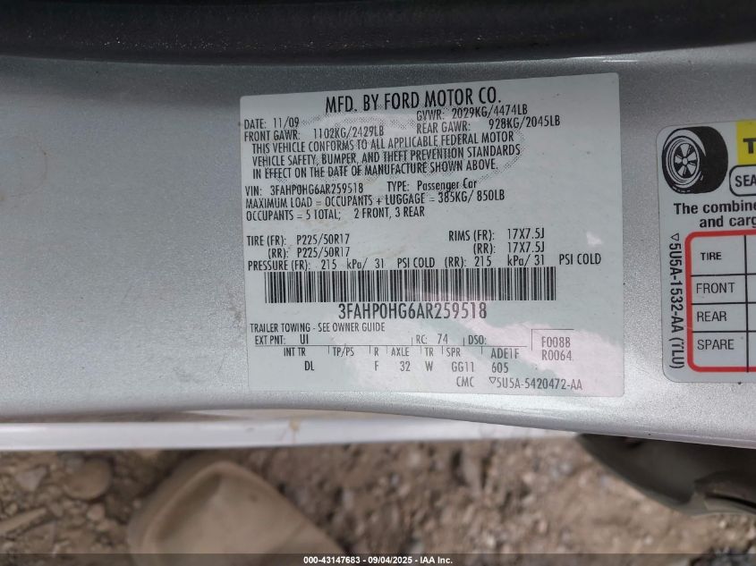 2010 Ford Fusion Se VIN: 3FAHP0HG6AR259518 Lot: 43147683