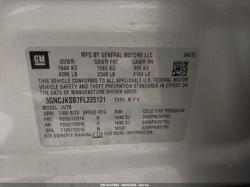 2015 Chevrolet Trax 1Ls VIN: 3GNCJKSB7FL225121 Lot: 43147692