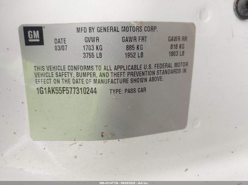 2007 Chevrolet Cobalt Ls VIN: 1G1AK55F577310244 Lot: 43147736