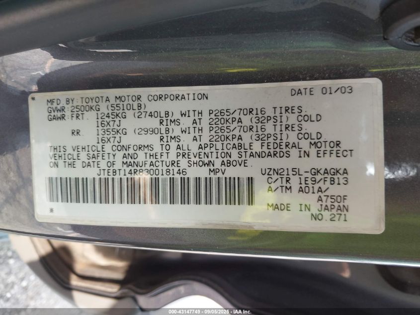 2003 Toyota 4Runner Sr5 Sport V8 VIN: JTEBT14R830018146 Lot: 43147749