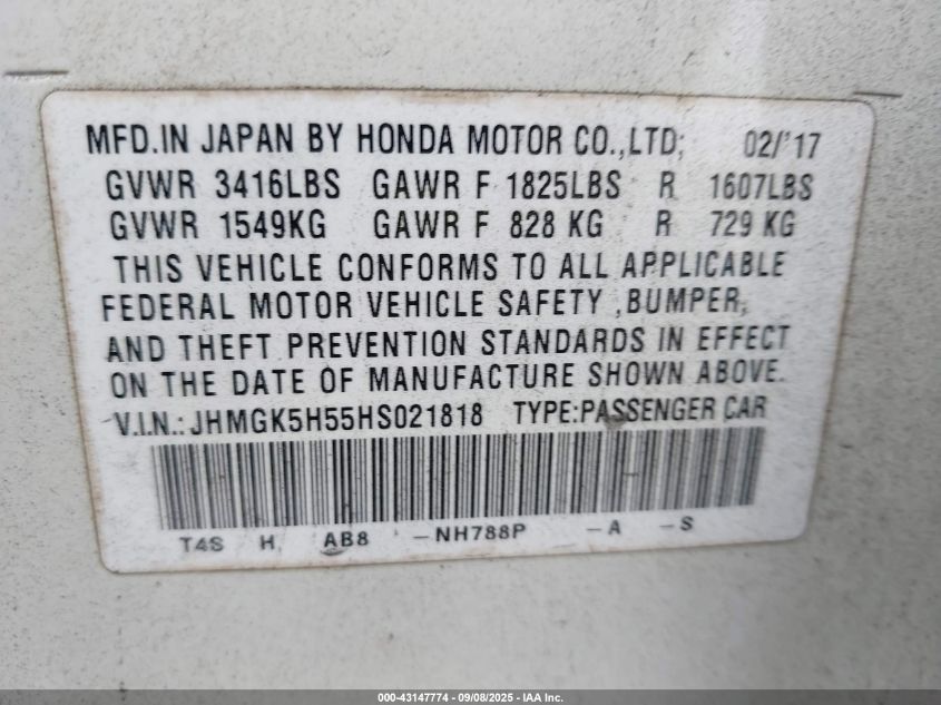 2017 Honda Fit Lx VIN: JHMGK5H55HS021818 Lot: 43147774