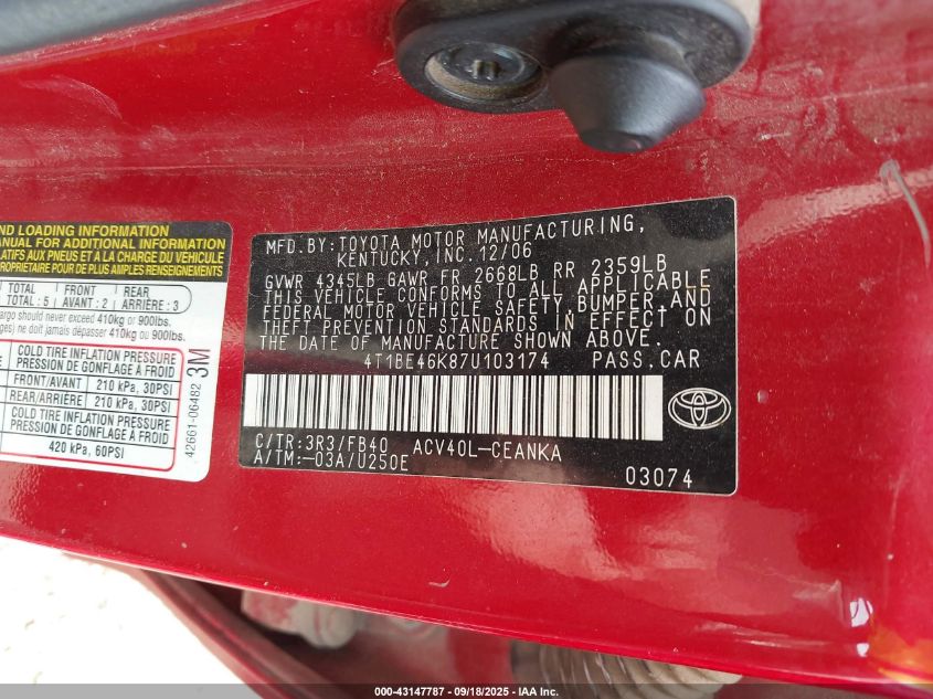 2007 Toyota Camry Le VIN: 4T1BE46K87U103174 Lot: 43147787