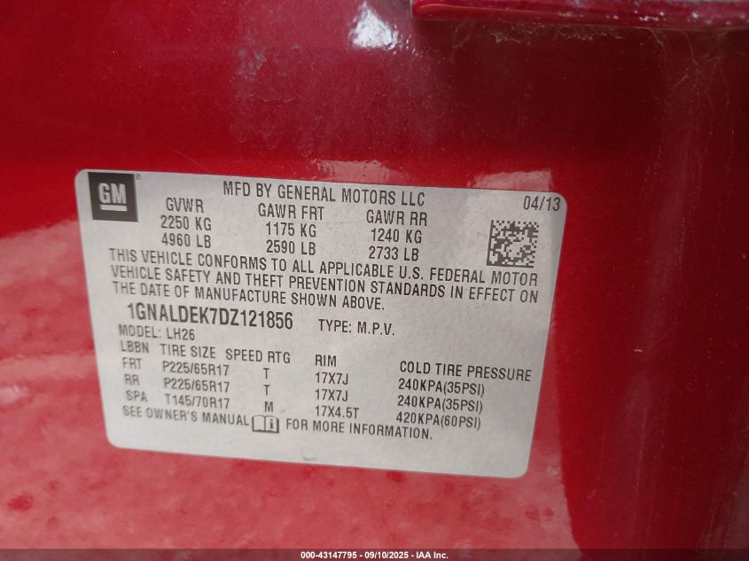 2013 Chevrolet Equinox 1Lt VIN: 1GNALDEK7DZ121856 Lot: 43147795