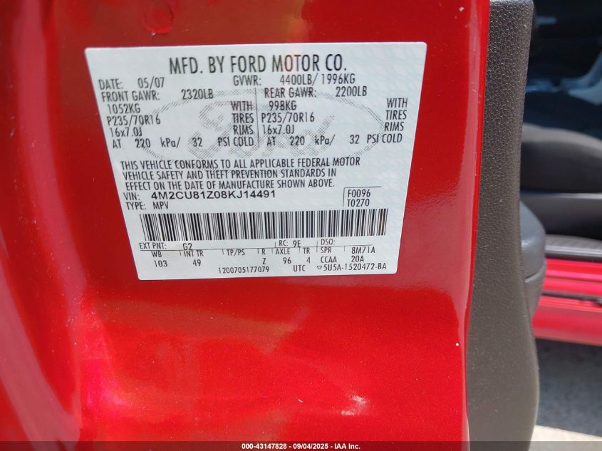 2008 Mercury Mariner I4 VIN: 4M2CU81Z08KJ14491 Lot: 43147828