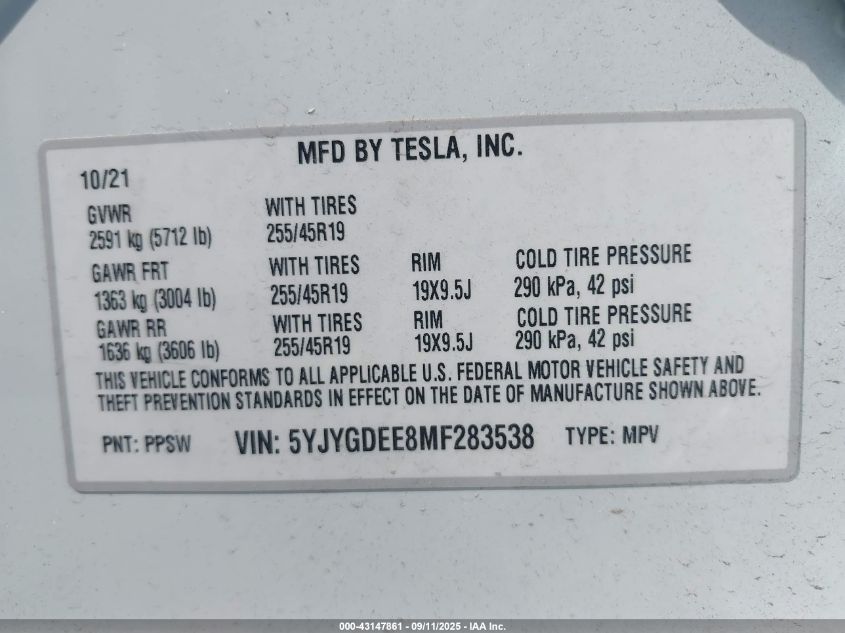 2021 Tesla Model Y Long Range Dual Motor All-Wheel Drive VIN: 5YJYGDEE8MF283538 Lot: 43147861