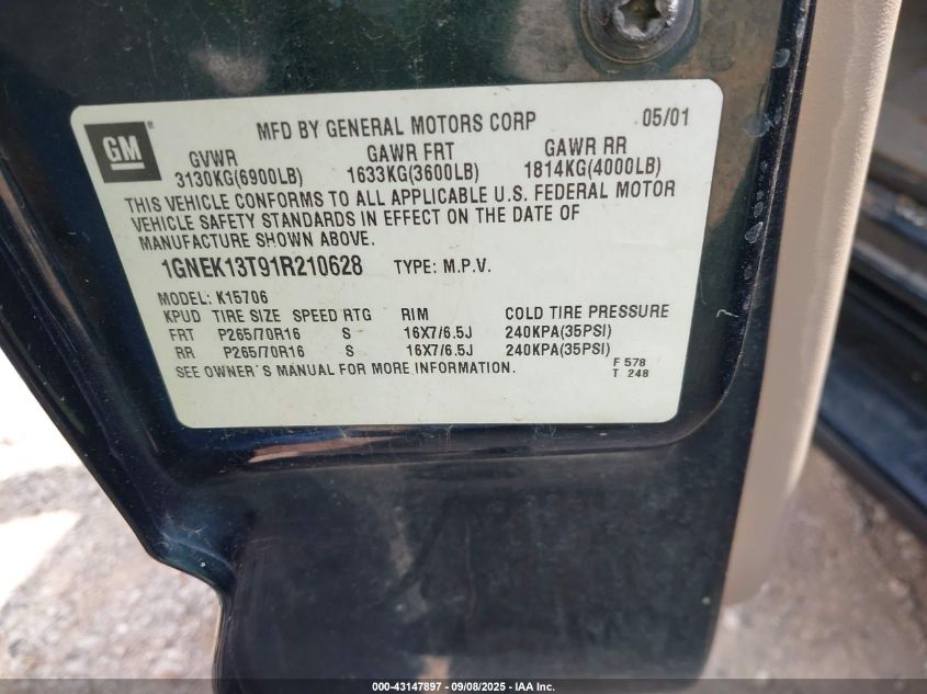 2001 Chevrolet Tahoe Ls VIN: 1GNEK13T91R210628 Lot: 43147897