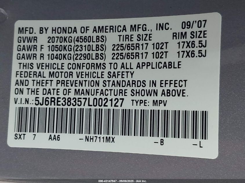 2007 Honda Cr-V Lx VIN: 5J6RE38357L002127 Lot: 43147947