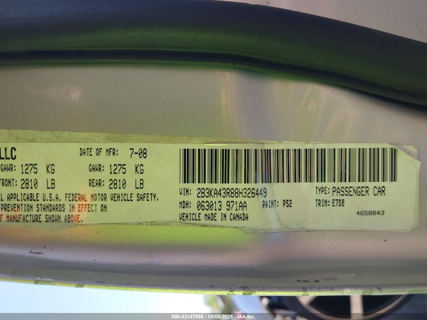2008 Dodge Charger VIN: 2B3KA43R88H326449 Lot: 43147998