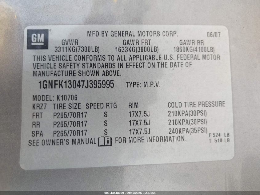 2007 Chevrolet Tahoe Lt VIN: 1GNFK13047J395995 Lot: 43148009
