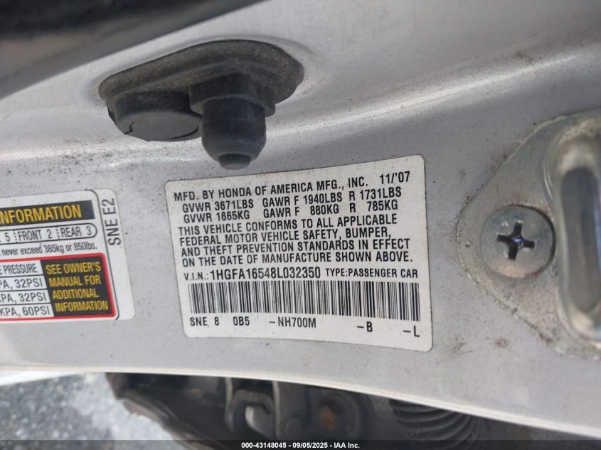 2008 Honda Civic Lx VIN: 1HGFA16548L032350 Lot: 43148045