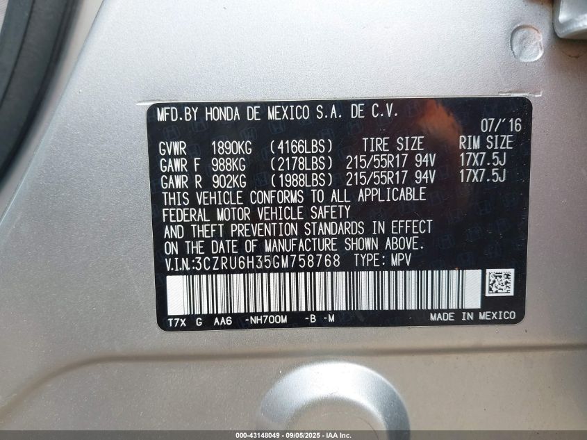 2016 Honda Hr-V Lx VIN: 3CZRU6H35GM758768 Lot: 43148049