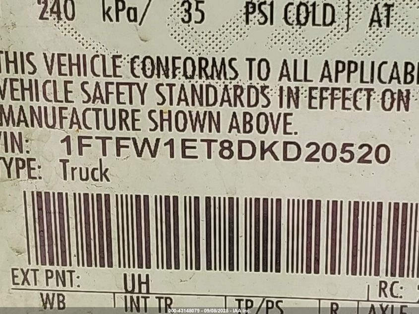 2013 Ford F-150 Fx4/King Ranch/Lariat/Limited/Platinum/Xl/Xlt VIN: 1FTFW1ET8DKD20520 Lot: 43148079