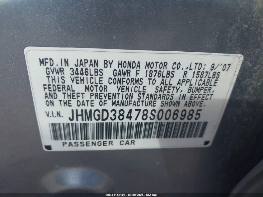 2008 Honda Fit VIN: JHMGD38478S006985 Lot: 43148103