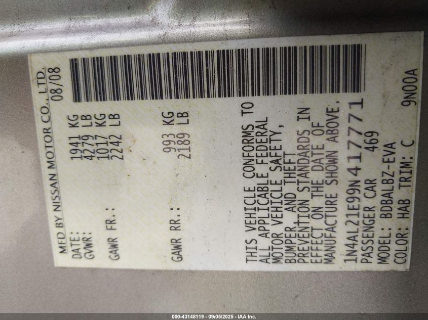 2009 Nissan Altima 2.5 S VIN: 1N4AL21E99N417771 Lot: 43148119