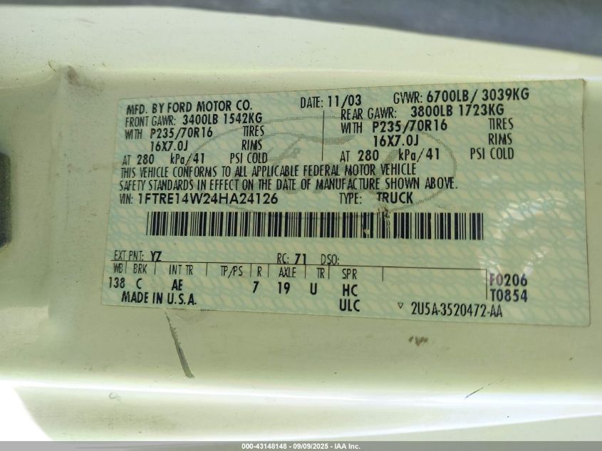 2004 Ford E-150 Commercial/Recreational VIN: 1FTRE14W24HA24126 Lot: 43148148