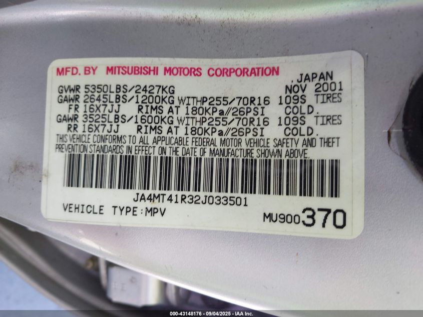 2002 Mitsubishi Montero Sport Ltd VIN: JA4MT41R32J033501 Lot: 43148176
