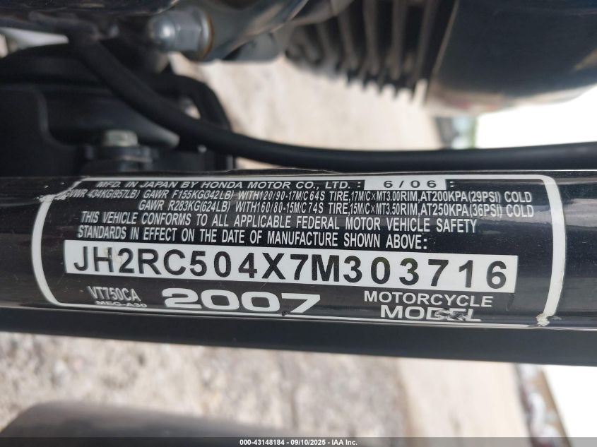2007 Honda Vt750 VIN: JH2RC504X7M303716 Lot: 43148184
