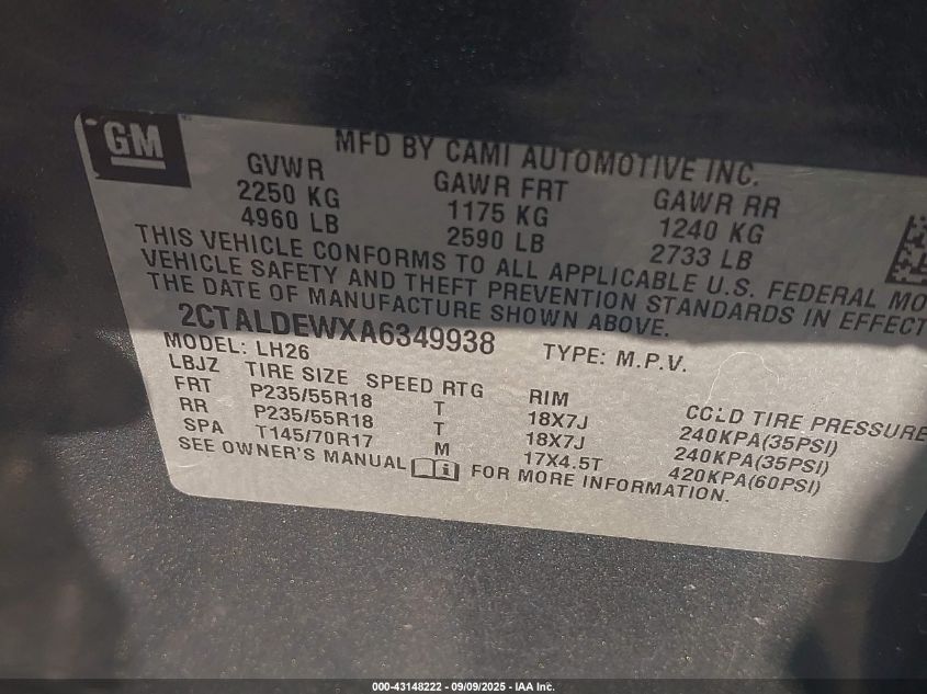 2010 GMC Terrain Sle-2 VIN: 2CTALDEWXA6349938 Lot: 43148222