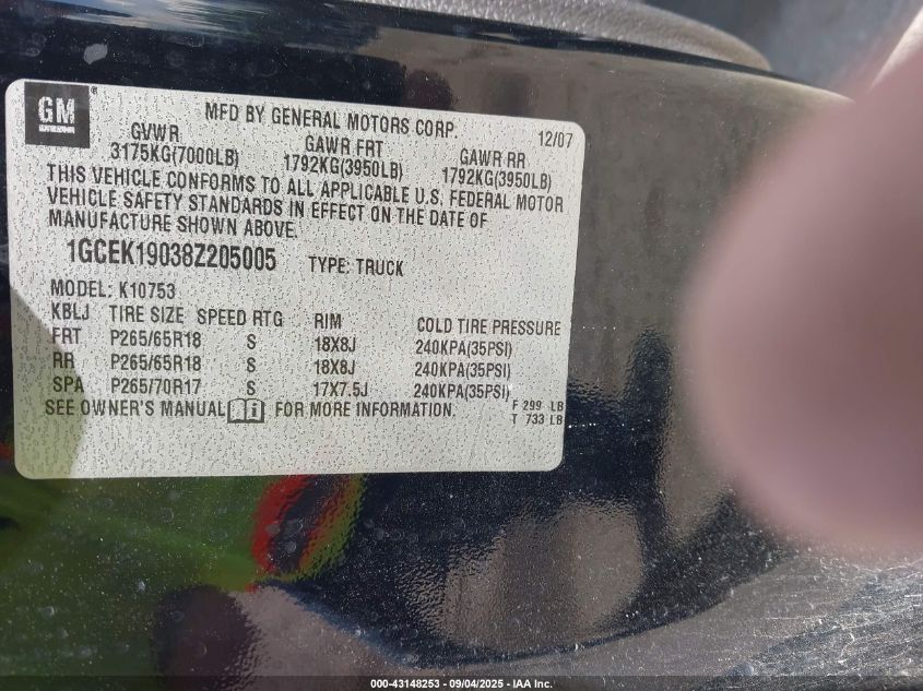 2008 Chevrolet Silverado 1500 Lt2 VIN: 1GCEK19038Z205005 Lot: 43148253