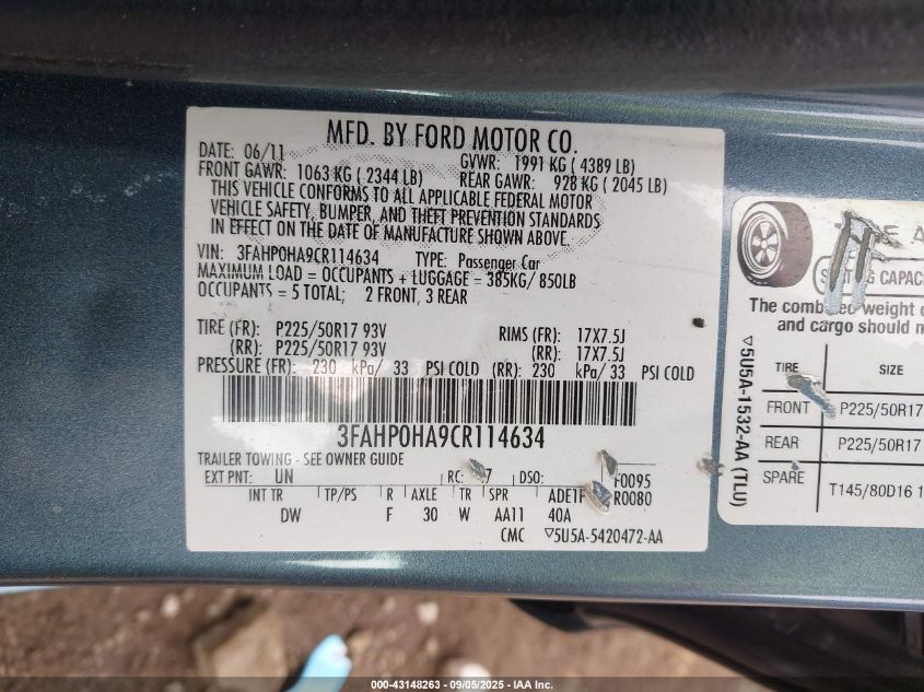 2012 Ford Fusion Se VIN: 3FAHP0HA9CR114634 Lot: 43148263