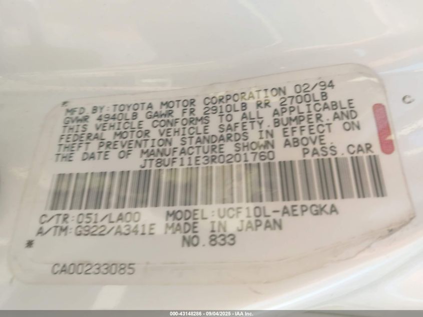 1994 Lexus Ls 400 VIN: JT8UF11E3R0201760 Lot: 43148286