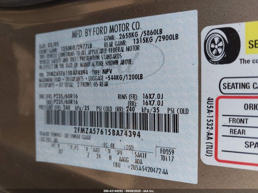 2005 Ford Freestar Ses VIN: 2FMZA57615BA74394 Lot: 43148292