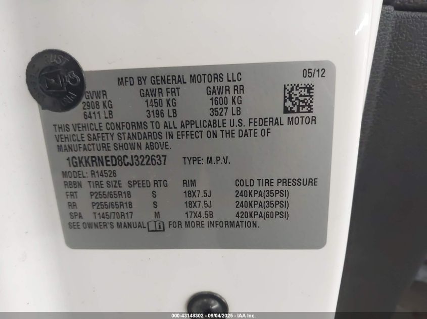 2012 GMC Acadia Sl VIN: 1GKKRNED8CJ322637 Lot: 43148302
